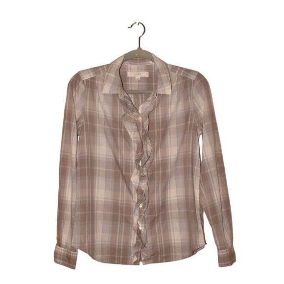 LOFT $59 Taupe Gray Plaid Ruffle Button Down Shirt Long Sleeves XS - Picture 1 of 3
